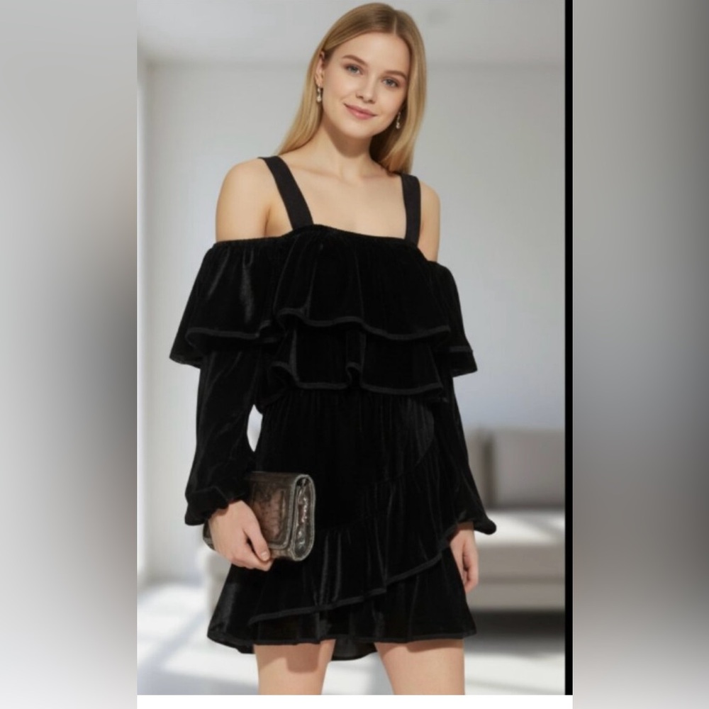 NWT Petersyn Tasha velvet ruffle dress Black Tie Bow XS